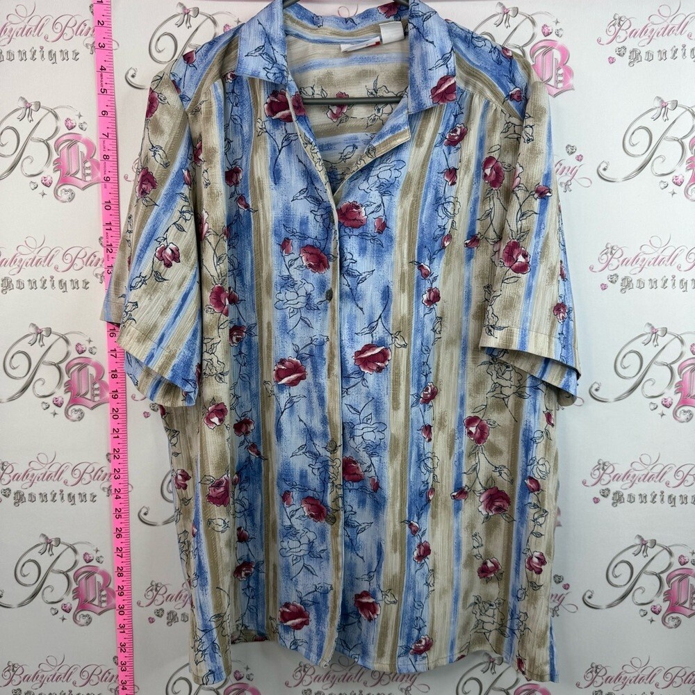 Alia Short-Sleeve Floral Stripe Shirt - Blue, Tan, Red soft pleats vintage
